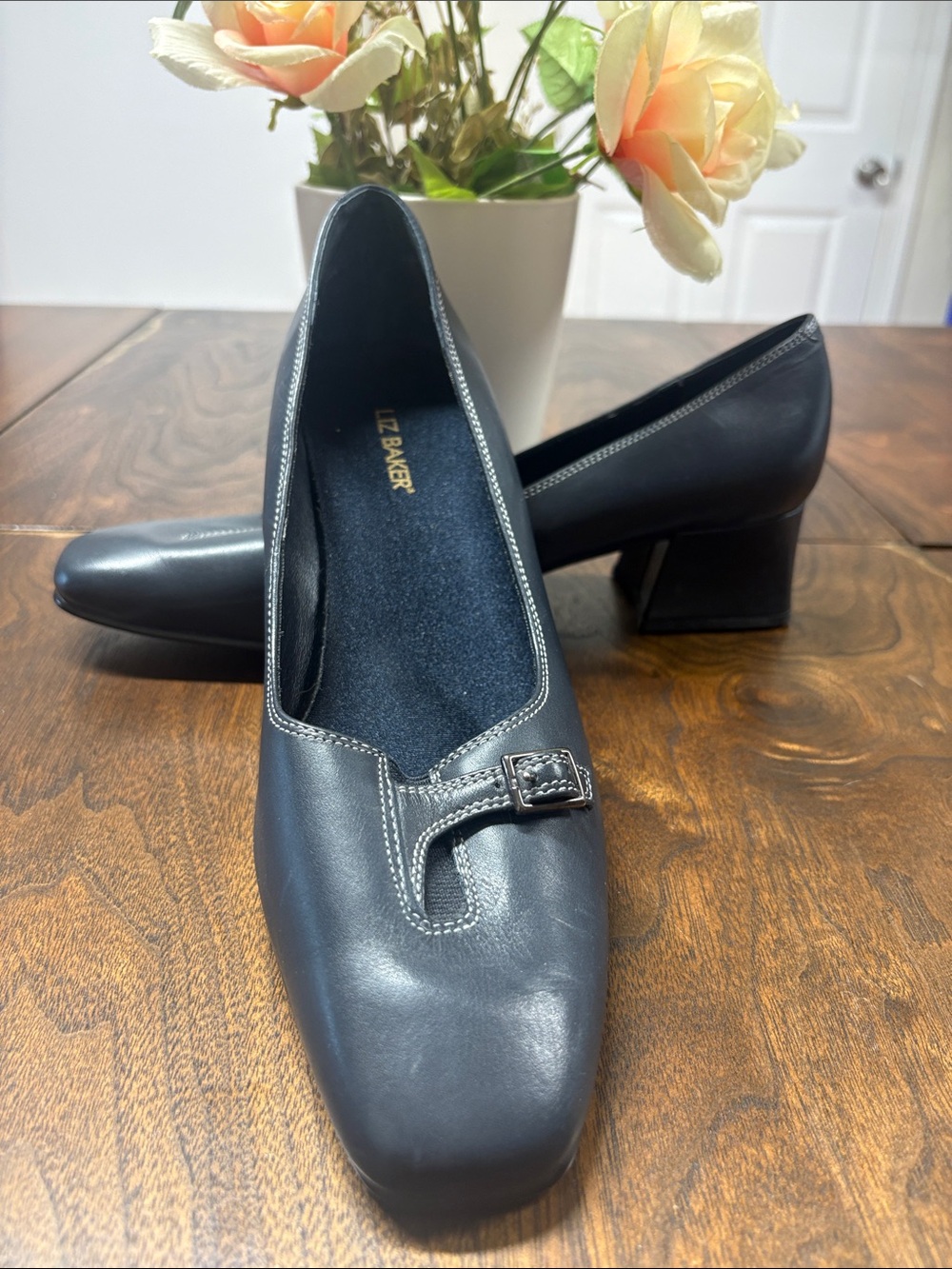 Liz Baker Black Low Block Heel Pumps with Subtle Buckle